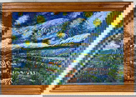 Vincent Van Gogh Dutch (Oil on Canvas Painting) in the style of: Rendered in the style of Vincent Van Gogh. Technique: Oil on canvas Painting. Measures: 21 x 29 Inches. Provenance:Private Collection. "In the style of" means after the artist. The work is framed. Van