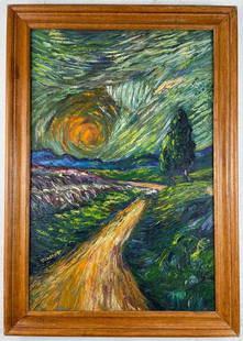 Vincent Van Gogh Dutch (Oil on Canvas Painting) in the style of: Rendered in the style of Vincent Van Gogh. Technique: Oil on canvas Painting. Measures: 21 x 29 Inches. Provenance:Private Collection. "In the style of" means after the artist. The work is framed. Van