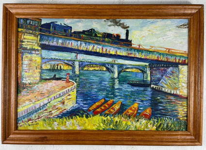 Vincent Van Gogh Dutch (Oil on Canvas Painting) in the style of: Rendered in the style of Vincent Van Gogh. Technique: Oil on canvas Painting. Measures: 21 x 29 Inches. Provenance:Private Collection. "In the style of" means after the artist. The work is framed. Van