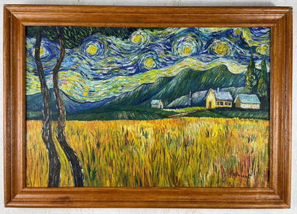 Vincent Van Gogh Dutch (Oil on Canvas Painting) in the style of: Rendered in the style of Vincent Van Gogh. Technique: Oil on canvas Painting. Measures: 21 x 29 Inches. Provenance:Private Collection. "In the style of" means after the artist. The work is framed. Van