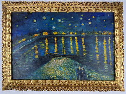 Vincent Van Gogh Dutch (Oil on Canvas Painting) in the style of: Rendered in the style of Vincent Van Gogh. Technique: Oil on canvas Painting. Measures: 21 x 29 Inches. Provenance:Private Collection. "In the style of" means after the artist. The work is framed. Van
