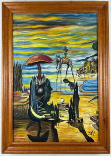 Salvador Dali Spanish (Oil on Canvas Painting) in the style of: Rendered in the style of Salvador Dali. Technique: Oil on Canvas painting. Measures: 21 x 29 Inches aprox. Provenance: Private collection."In the style of" means after the artist. The artwork is frame