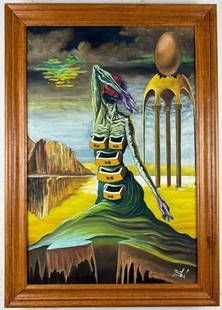 Salvador Dali Spanish (Oil on Canvas Painting) in the style of: Rendered in the style of Salvador Dali. Technique: Oil on Canvas painting. Measures: 21 x 29 Inches aprox. Provenance: Private collection."In the style of" means after the artist. The artwork is frame