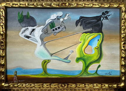 Salvador Dali Spanish (Oil on Canvas Painting) in the style of: Rendered in the style of Salvador Dali. Technique: Oil on Canvas painting. Measures: 21 x 29 Inches aprox. Provenance: Private collection. "In the style of" means after the artist. The artwork is fram