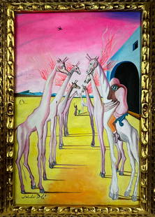 Salvador Dali Spanish (Oil on Canvas Painting) in the style of: Rendered in the style of Salvador Dali. Technique: Oil on Canvas painting. Measures: 21 x 29 Inches aprox. Provenance: Private collection. "In the style of" means after the artist. The artwork is fram