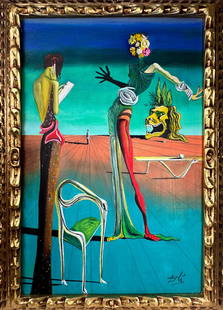 Salvador Dali Spanish (Oil on Canvas Painting) in the style of: Rendered in the style of Salvador Dali. Technique: Oil on Canvas painting. Measures: 21 x 29 Inches aprox. Provenance: Private collection. "In the style of" means after the artist. The artwork is fram