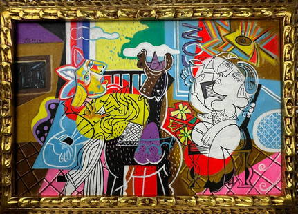Pablo Picasso Spanish (Oil on Canvas Painting) In the style of: Rendered in the style of Pablo Picasso. Technique: Oil on Canvas painting. Measures: 21 x 29 Inches aprox. Provenance: Private collection."In the style of" means after the artist. The artwork is frame
