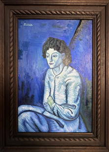 Pablo Picasso Spanish (Oil on Canvas Painting) In the style of: Rendered in the style of Pablo Picasso. Technique: Oil on Canvas painting. Measures: 21.5 x 29.5 Inches aprox. Provenance: Private collection."In the style of" means after the artist. The artwork is f