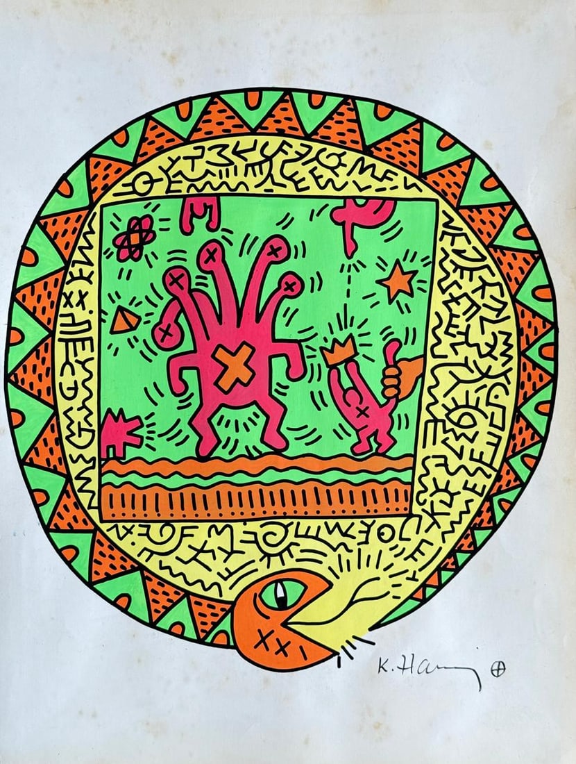 Keith Haring American (Mixed media on Paper Painting) In the style of: Mixed media painting on paper, rendered in the style of Keith Haring. Measures: 8” x 11” Inches aprox. Provenance: Private Collection."In the style of" means after the artist. Haring lived