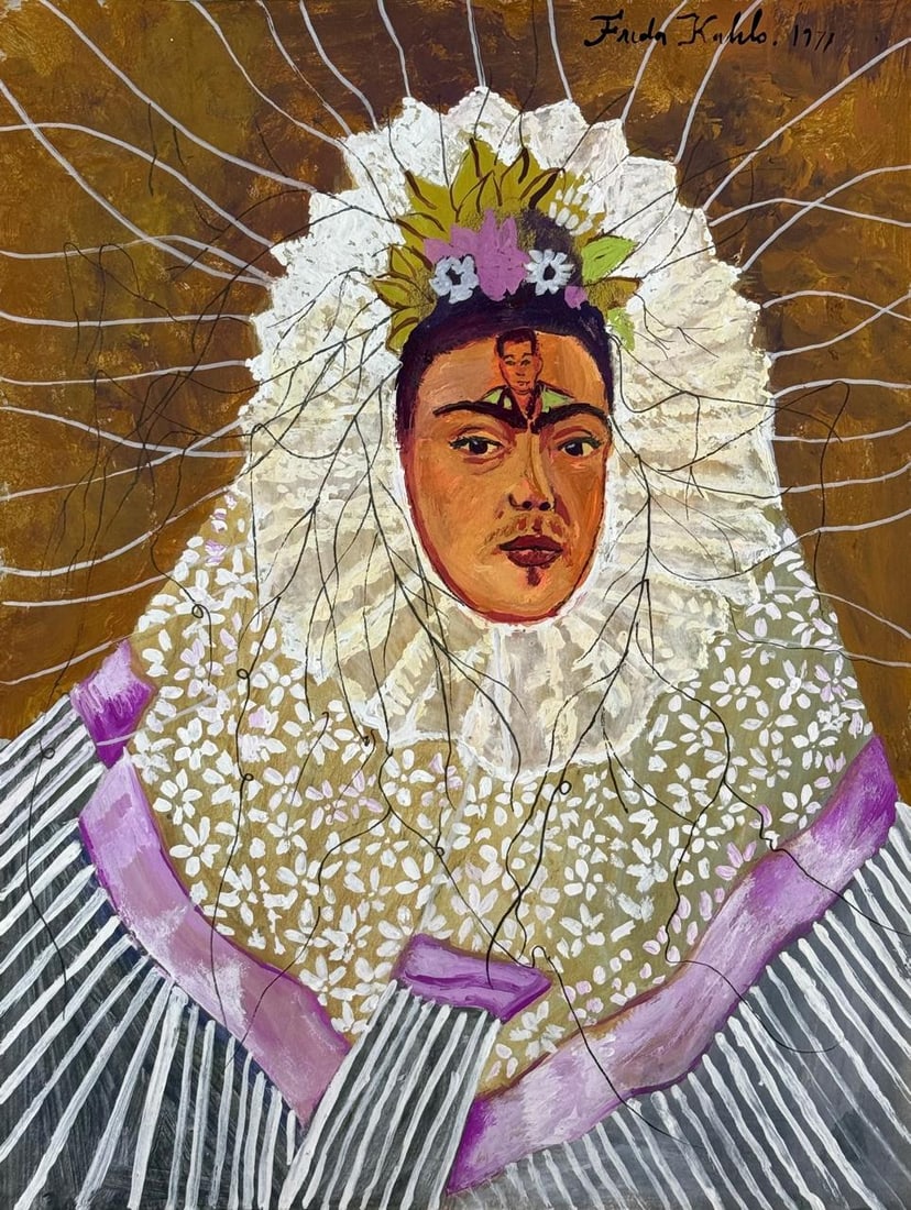 Frida Kahlo Mexican (Mixed media on Paper Painting) In the style of: Mixed media painting on paper, rendered in the style of Frida Kahlo. Measures: 8” x 11” Inches aprox. Provenance: Private Collection. "In the style of" means after the artist. Kahlo lived