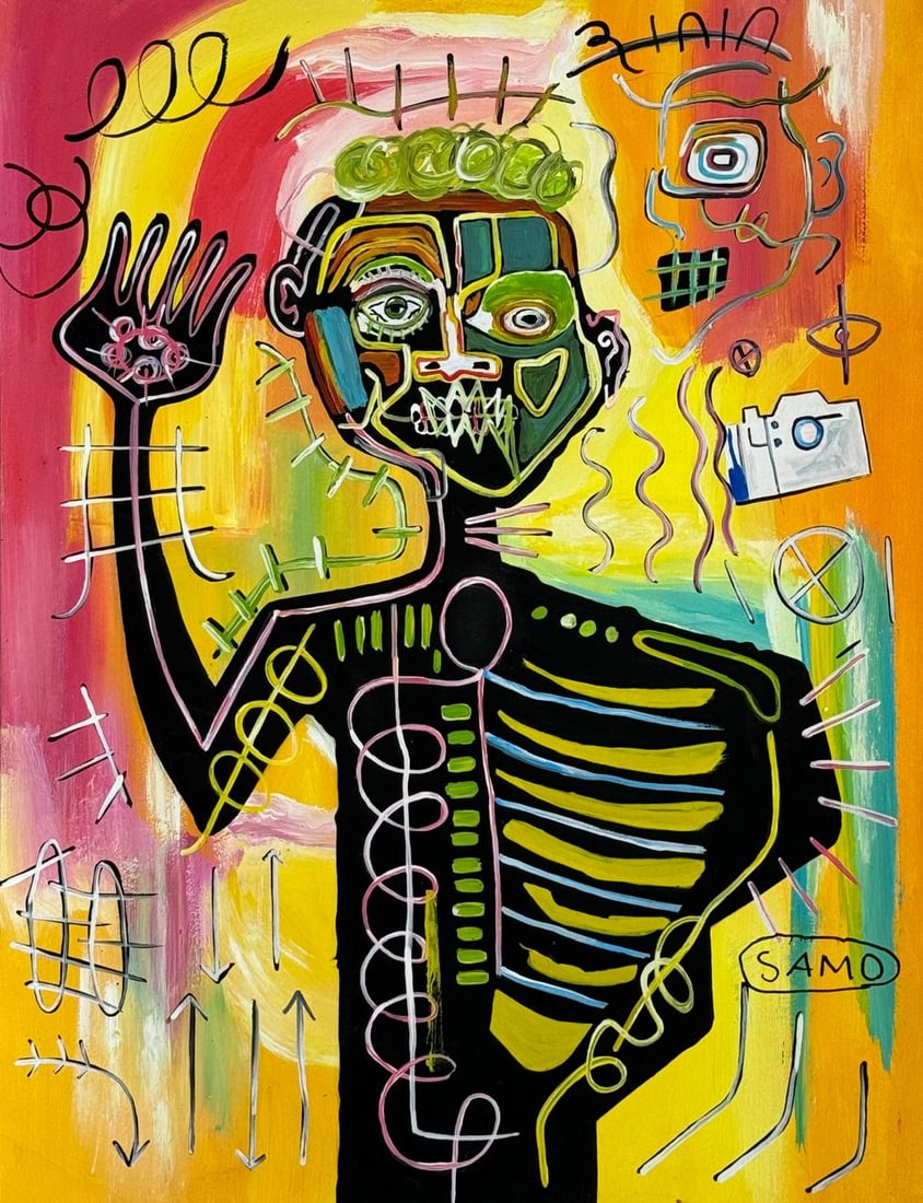 Jean-Michel Basquiat (Mixed media on Paper Painting) In the style of: Mixed media painting on paper, rendered in the style of Jean-Michel Basquiat. Measures: 8.5” x 10.5” Inches aprox. Provenance: Private Collection N.Y."In the style of" means after the arti
