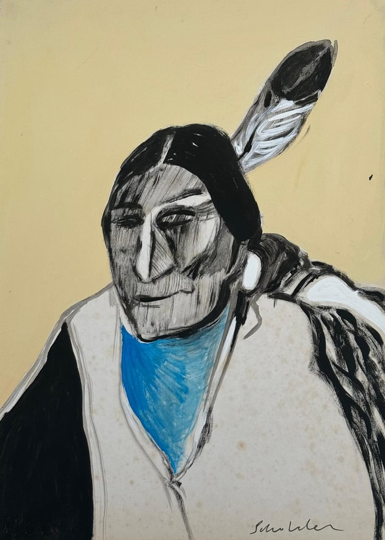 Fritz Scholder (Mixed media on Paper Painting) In the style of: Mixed media painting on paper, Rendered in the style of Fritz Scholder. Measures: 8.5” x 12” Inches aprox. Provenance: Private Collection."In the style of" means after the artist. Scholder