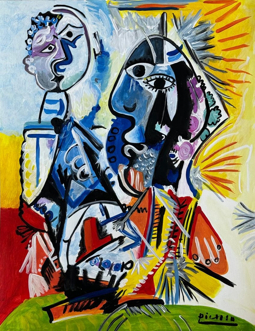 Pablo Picasso Spanish (Mixed media on Paper Painting) In the style of: Mixed media painting on paper, rendered in the style of Pablo Picasso. Measures: 9” x 11.5” Inches aprox. Provenance: Private Collection."In the style of" means after the artist. Picasso l