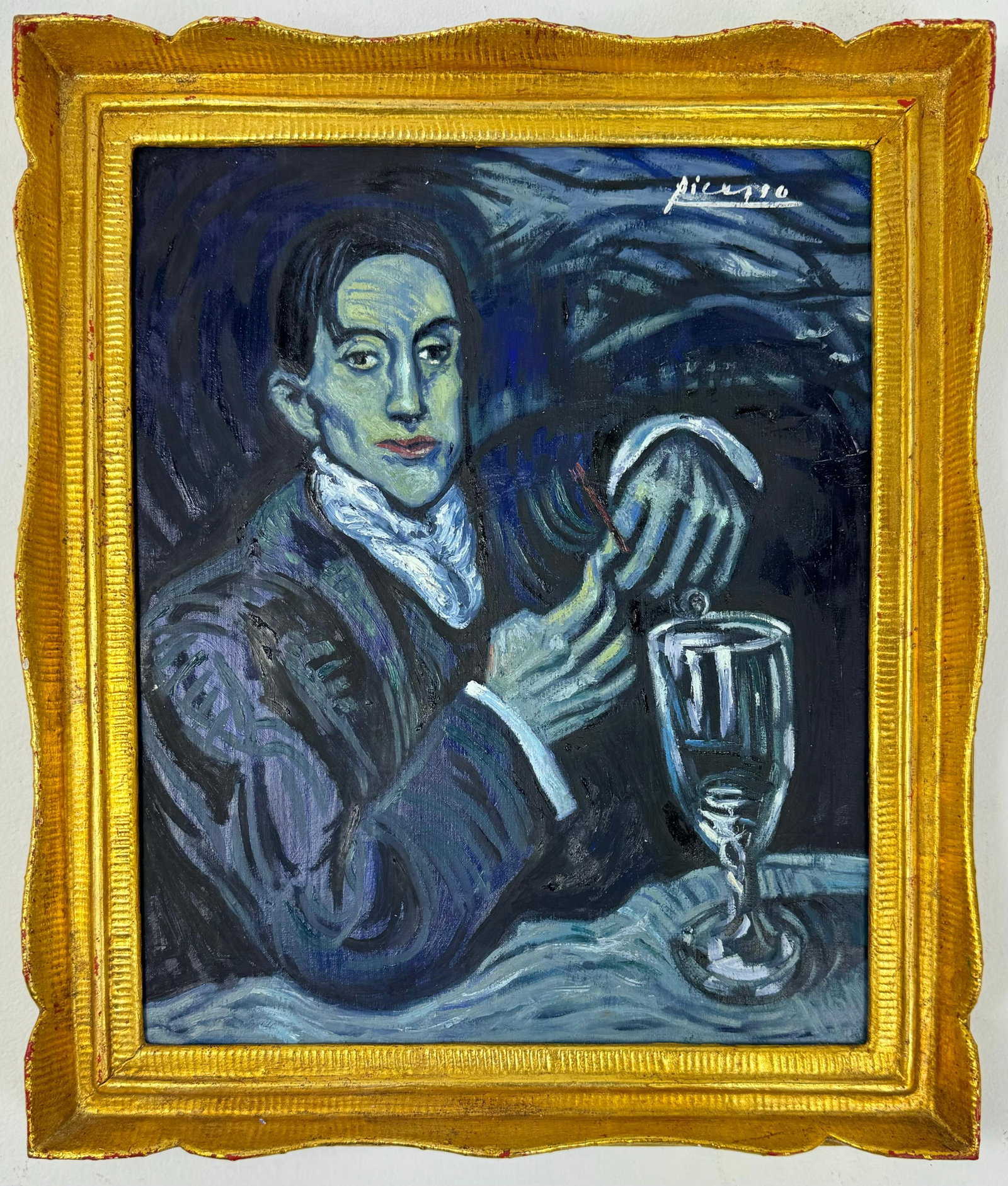 Pablo Picasso Spanish (Oil on Canvas Painting) In the style of: Rendered in the style of Pablo Picasso. Technique: Oil on Canvas painting. Measures: 14 x 16 Inches aprox. Provenance: Private collection."In the style of" means after the artist. The artwork is frame