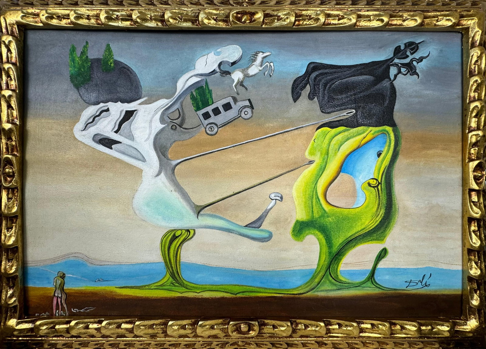 Salvador Dali Spanish (Oil on Canvas Painting) in the style of: Rendered in the style of Salvador Dali. Technique: Oil on Canvas painting. Measures: 21 x 29 Inches aprox. Provenance: Private collection. "In the style of" means after the artist. The artwork is fram