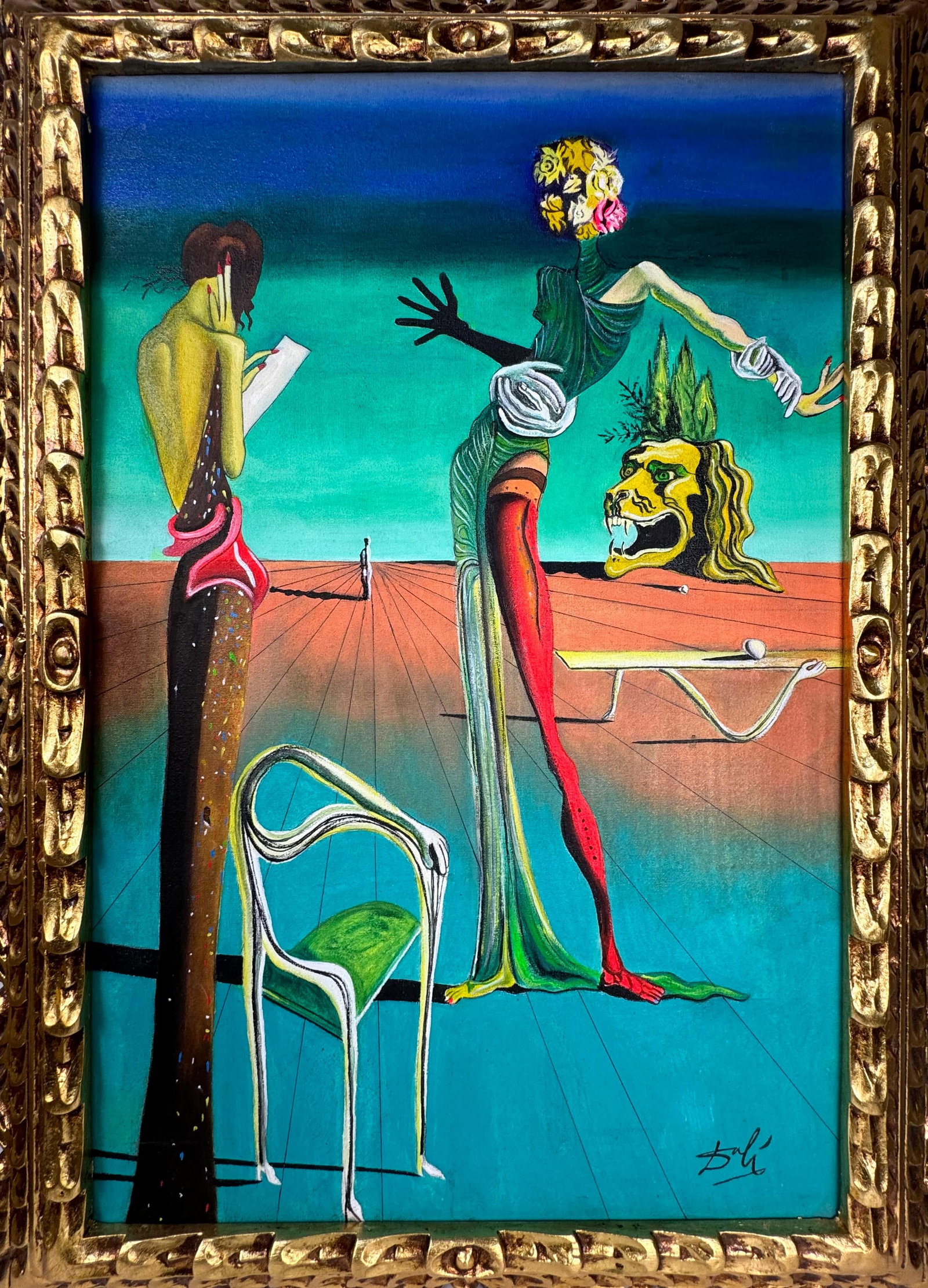 Salvador Dali Spanish (Oil on Canvas Painting) in the style of: Rendered in the style of Salvador Dali. Technique: Oil on Canvas painting. Measures: 21 x 29 Inches aprox. Provenance: Private collection. "In the style of" means after the artist. The artwork is fram