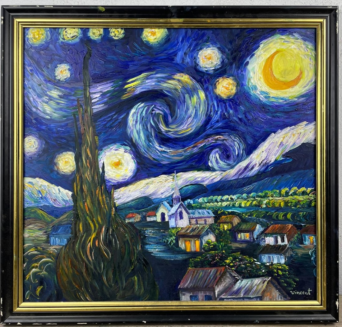 Vincent Van Gogh Dutch (Oil on Cardboard Painting) in the style of: Rendered in the style of Vincent Van Gogh. Technique: Oil on Cardboard Painting. Measures: 21 x 46 Inches. Provenance:Private Collection. "In the style of" means after the artist. The work is framed. 