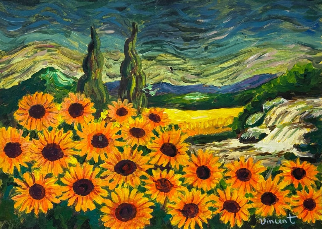 Vincent Van Gogh Dutch (Mixed Media on Paper Painting) In the style of (1 of 4)