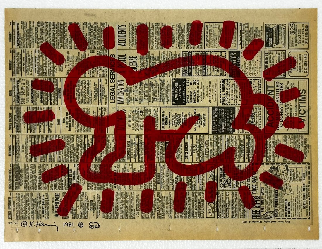 Keith Haring American (Acrylic on newspaper) In the style of (1 of 7)