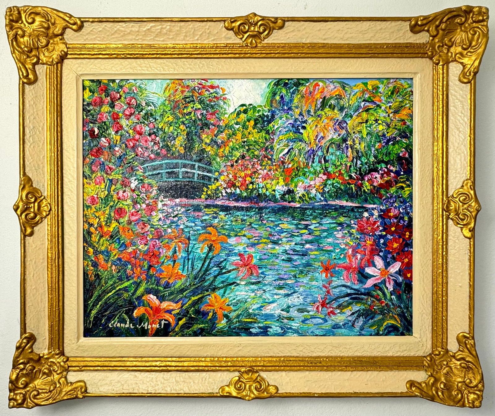Claude Monet French (Oil on Canvas Painting) in the style of: Rendered in the style of Claude Monet. Technique: Oil on Canvas painting. Measures: 20 x 24 Inches aprox. Provenance: Private collection. "In the style of" means after the artist. The artwork is frame