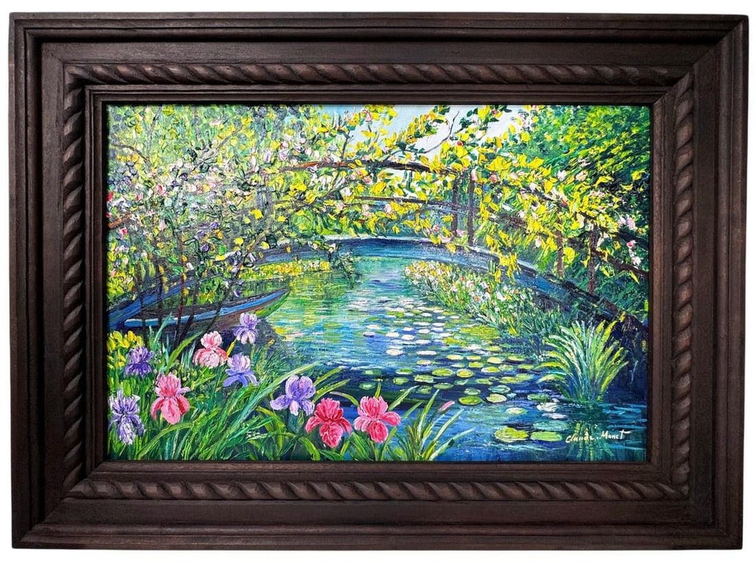 Claude Monet French (Oil on Canvas Painting) in the style of: Rendered in the style of Claude Monet. Technique: Oil on Canvas painting. Measures: 21.5 x 29.5 Inches aprox. Provenance: Private collection. "In the style of" means after the artist. The artwork is f