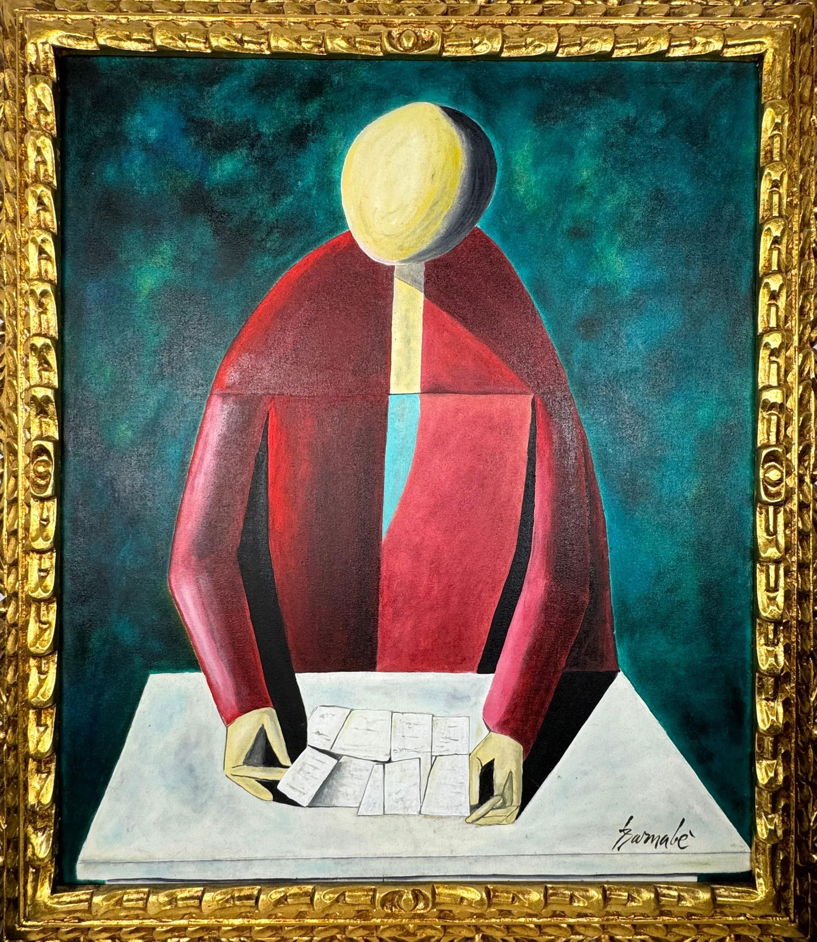 Duilio Barnabe (Oil on Canvas Painting) in the style of: Rendered in the style of Duilio Barnabe. Technique: Oil on canvas Painting. Measures: 25 x 29 Inches. Provenance: Private Collection. "In the style of" means after the artist. The work is framed. Barn