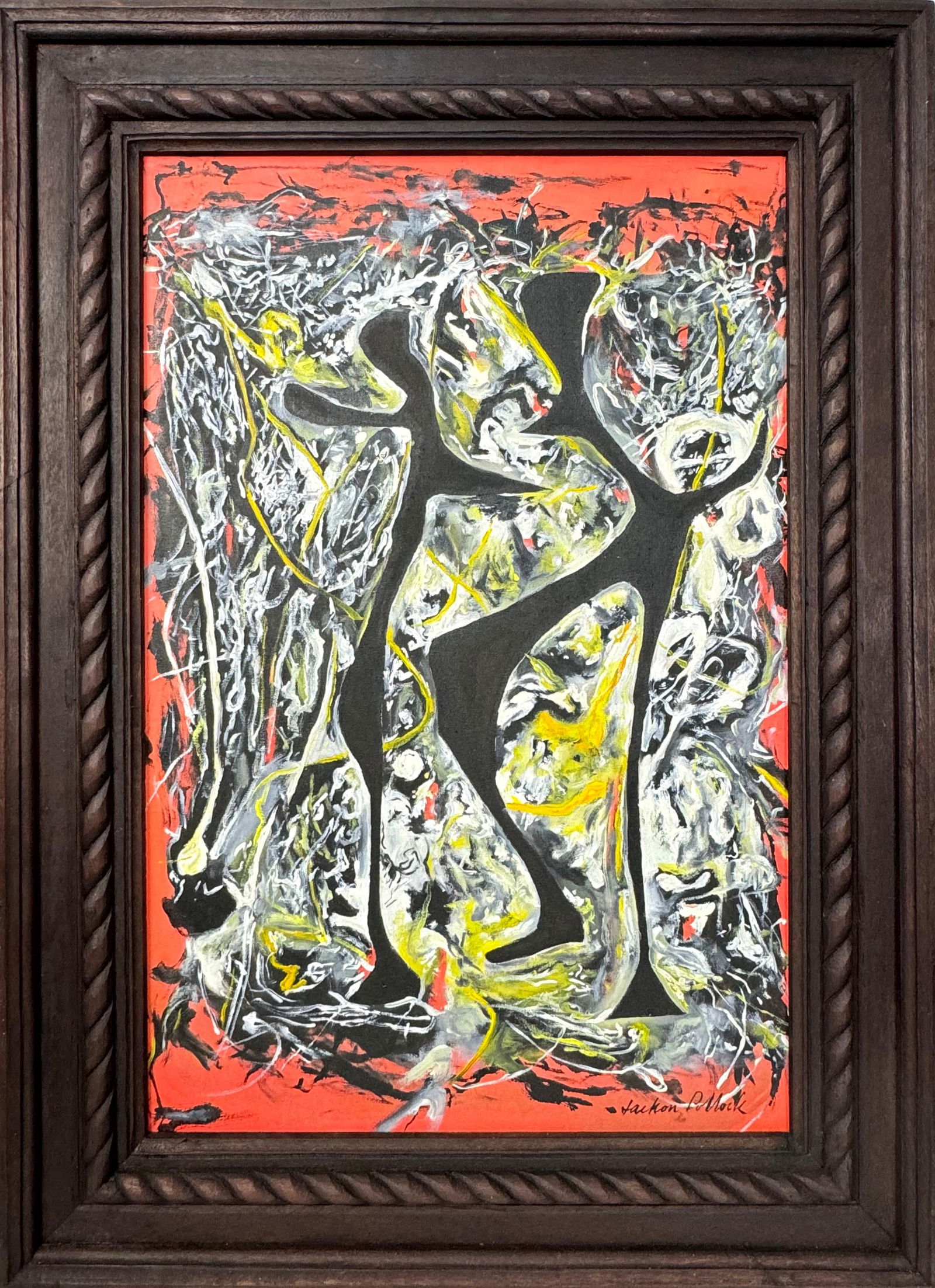 Jackson Pollock (Oil on Canvas Painting) in the style of: Rendered in the style of Jackson Pollock. Technique: Oil on canvas Painting. Measures: 21 x 29 Inches. Provenance:Private Collection Europe. "In the style of" means after the artist. The work is frame