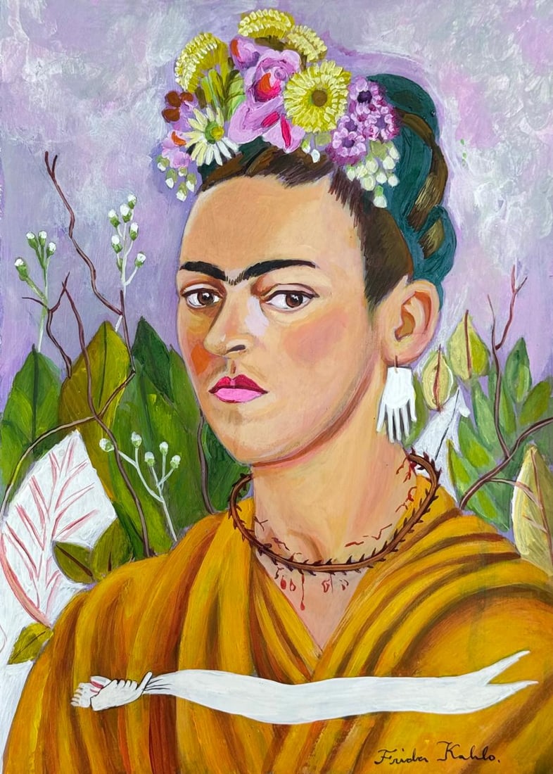 Frida Kahlo Mexican (Mixed media on Paper Painting) In the style of: Mixed media painting on paper, rendered in the style of Frida Kahlo. Measures: 8.5” x 12” Inches aprox. Provenance: Private Collection. "In the style of" means after the artist. Kahlo live