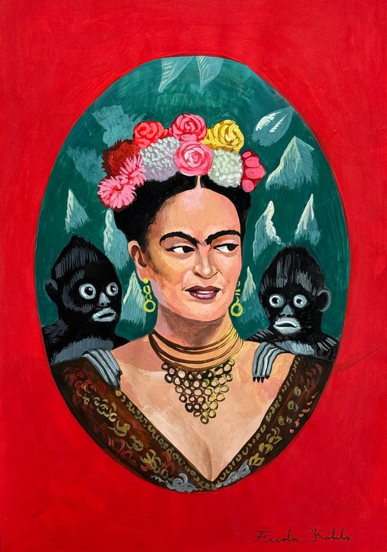 Frida Kahlo Mexican (Mixed media on Paper Painting) In the style of: Mixed media painting on paper, rendered in the style of Frida Kahlo. Measures: 7” x 10” Inches aprox. Provenance: Private Collection. "In the style of" means after the artist. Kahlo lived