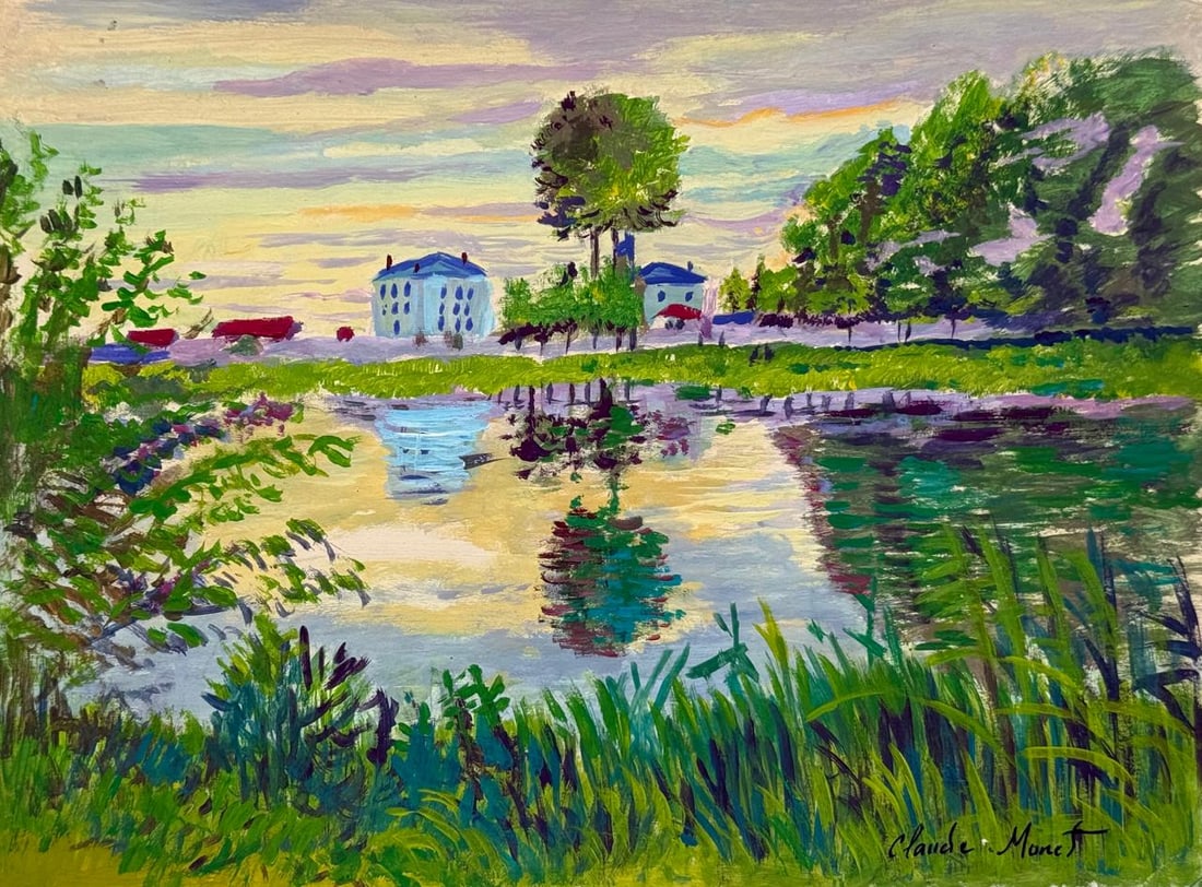 Claude Monet French (Mixed media on Paper Painting) In the style of: Mixed media painting on paper, rendered in the style of Claude Monet. Measures: 8” x 10.5” Inches aprox. Provenance: Private Collection."In the style of" means after the artist. Monet live