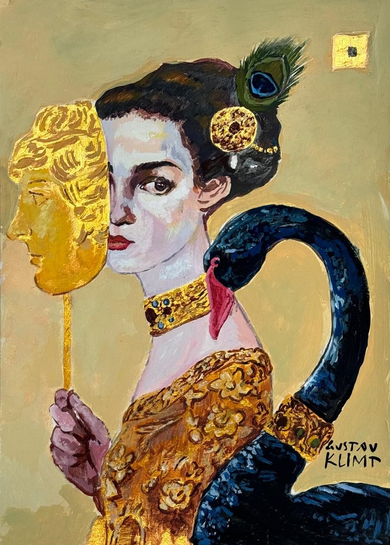 Gustav Klimt Austrian (Mixed media on Paper Painting) In the style of: Mixed media painting on paper, rendered in the style of Gustav Klimt. Measures: 7.5” x 10.5” Inches aprox. Provenance: Private Collection."In the style of" means after the artist. Klimt li