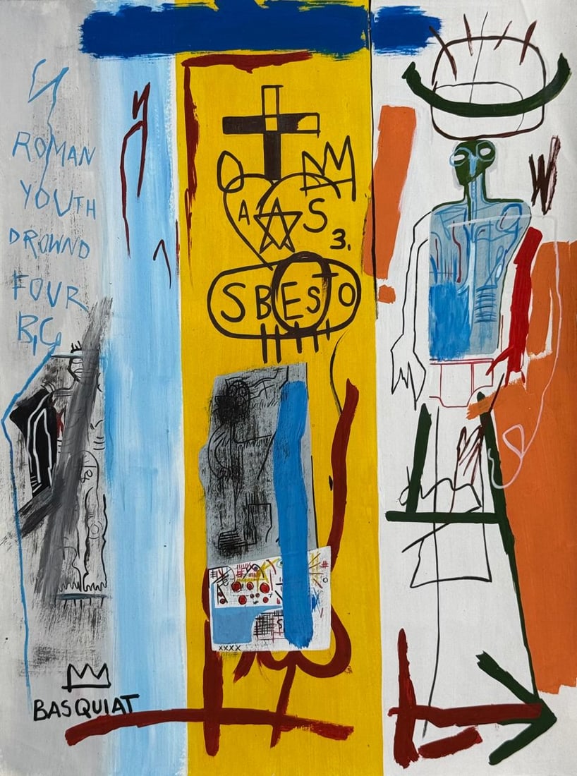 Jean-Michel Basquiat (Mixed media on Paper Painting) In the style of: Mixed media painting on paper, rendered in the style of Jean-Michel Basquiat. Measures: 8” x 10.5” Inches aprox. Provenance: Private Collection N.Y."In the style of" means after the artist