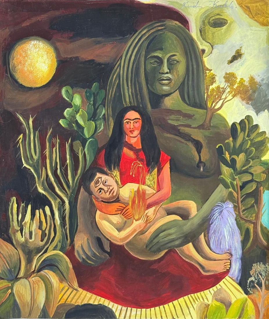 Frida Kahlo Mexican (Mixed media on Paper Painting) In the style of: Mixed media painting on paper, rendered in the style of Frida Kahlo. Measures: 10.5” x 12” Inches aprox. Provenance: Private Collection. "In the style of" means after the artist. Kahlo liv