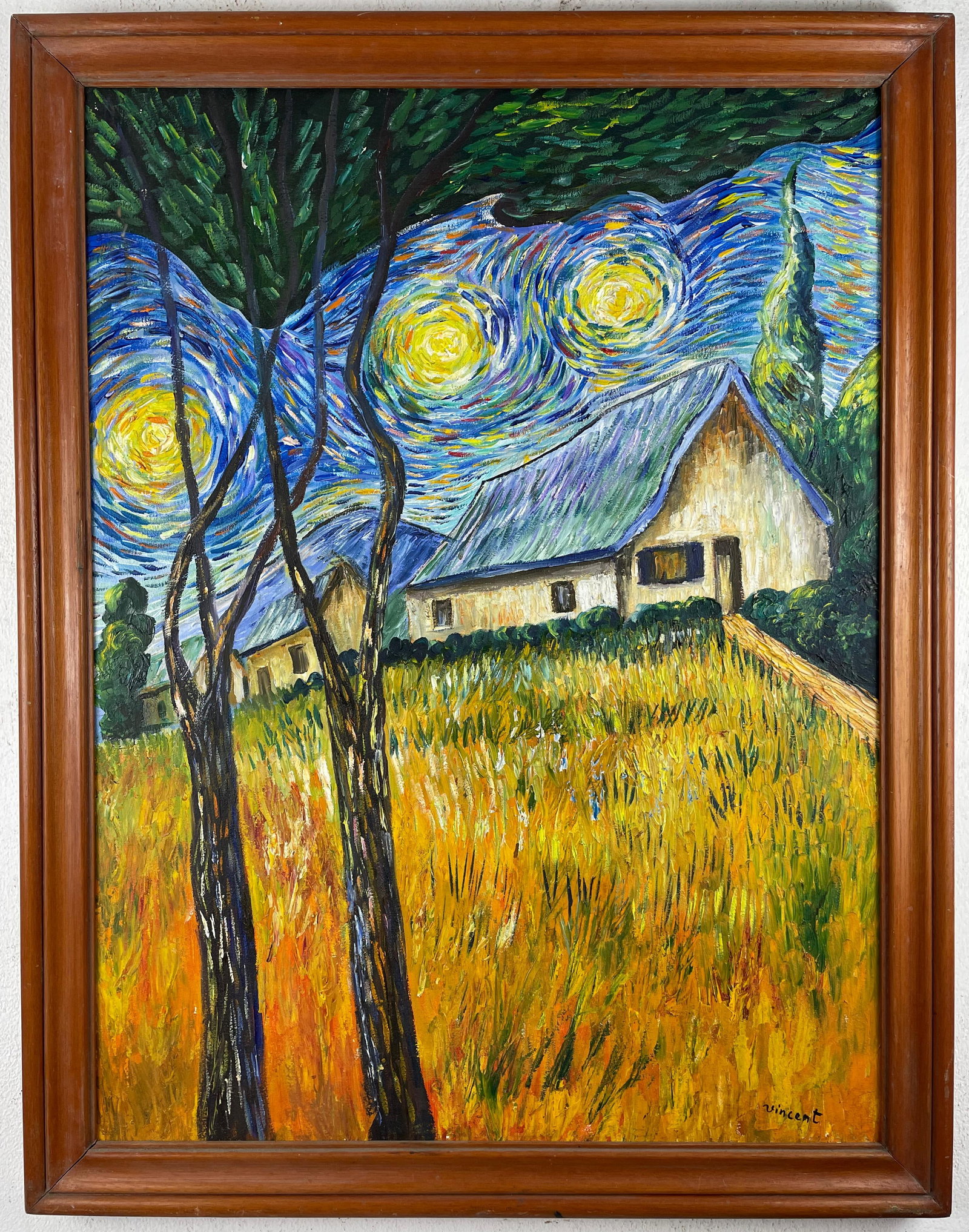 Vincent Van Gogh Dutch (Oil on Canvas Painting) in the style of: Rendered in the style of Vincent Van Gogh. Technique: Oil on canvas Painting. Measures: 26.5 x 34.5 Inches. Provenance:Private Collection. "In the style of" means after the artist. The work is framed.