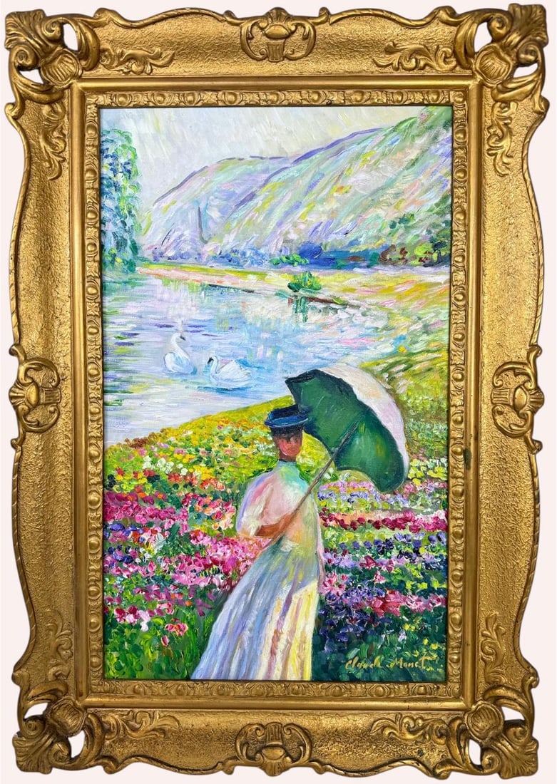 Claude Monet French (Oil on Canvas Painting) in the style of: Rendered in the style of Claude Monet. Technique: Oil on Canvas painting. Measures: 17.5 x 25 Inches aprox. Provenance: Private collection. "In the style of" means after the artist. The artwork is fra