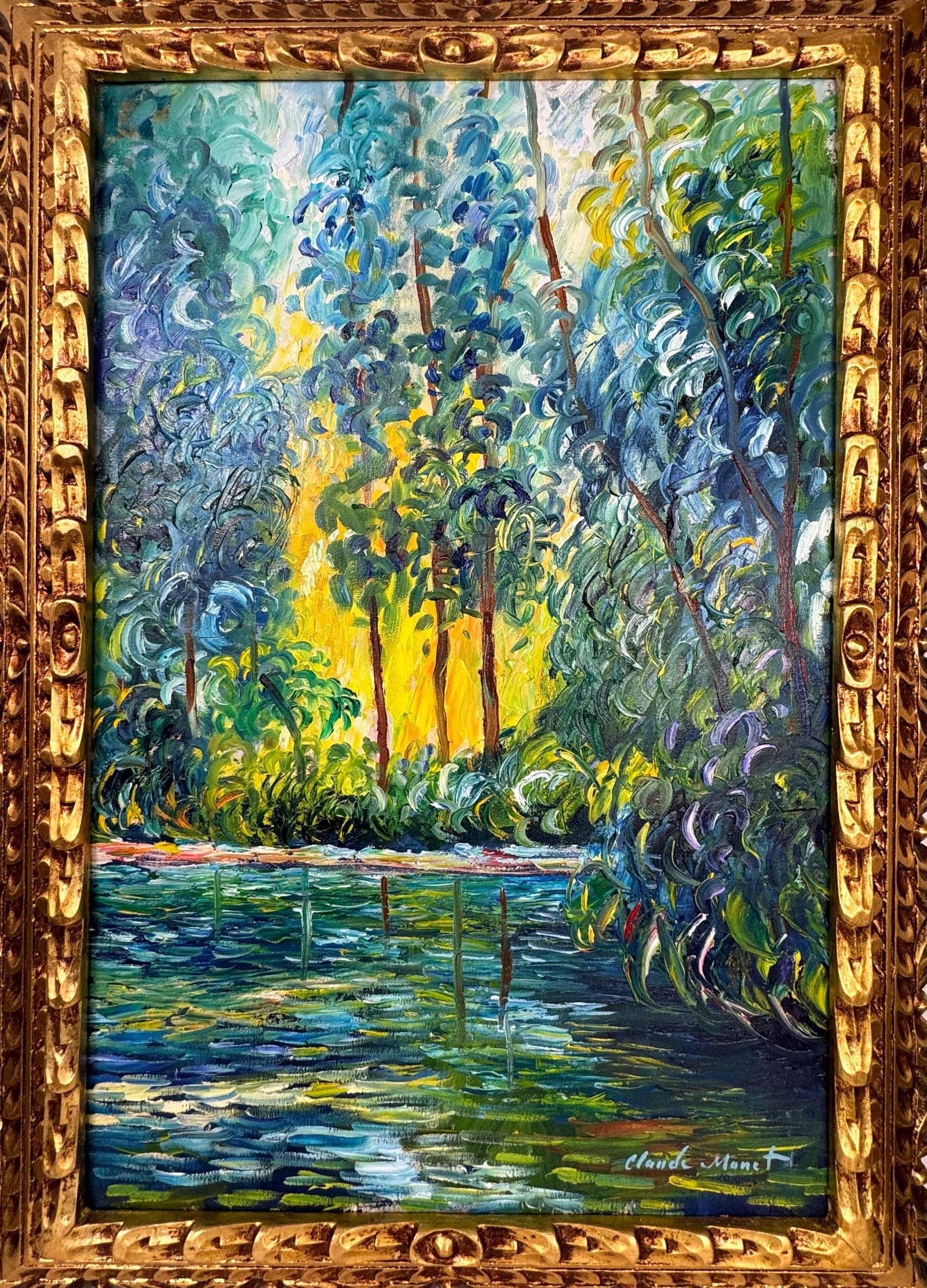 Claude Monet French (Oil on Canvas Painting) in the style of: Rendered in the style of Claude Monet. Technique: Oil on Canvas painting. Measures: 21 x 29 Inches aprox. Provenance: Private collection. "In the style of" means after the artist. The artwork is frame