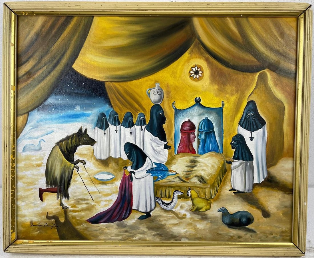 Leonora Carrington (Oil on Canvas Painting) in the style of: Rendered in the style of Leonora Carrington. Technique: Oil on Canvas painting. Measures: 20.5 x 25.5 Inches aprox. Provenance: Private collection."In the style of" means after the artist. The artwork