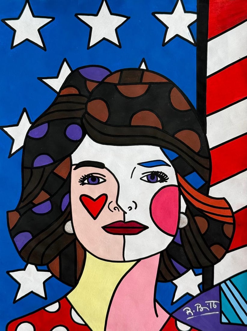 Romero Britto (Mixed media on Paper Painting) In the style of: Mixed media painting on paper, rendered in the style of Romero Britto. Measures: 8.5” x 11” Inches aprox. Provenance: Private Collection. "In the style of" means after the artist. Britto (