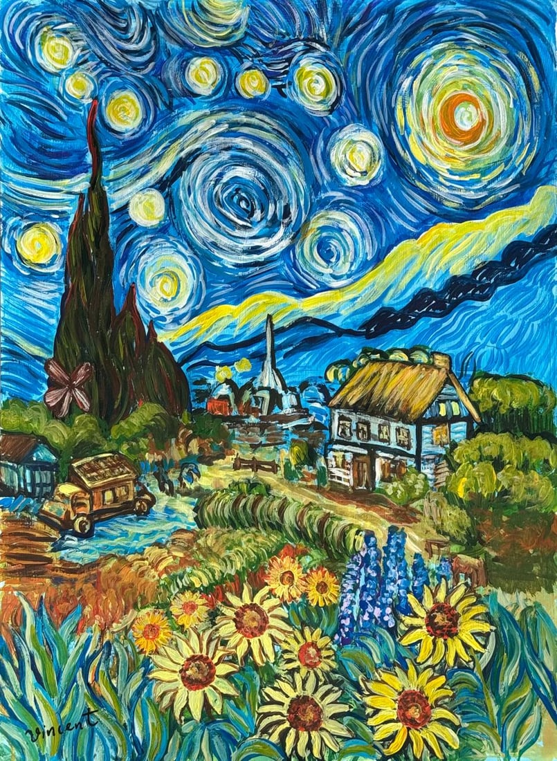 Vincent Van Gogh Dutch (Mixed Media on Paper Painting) In the style of (1 of 4)