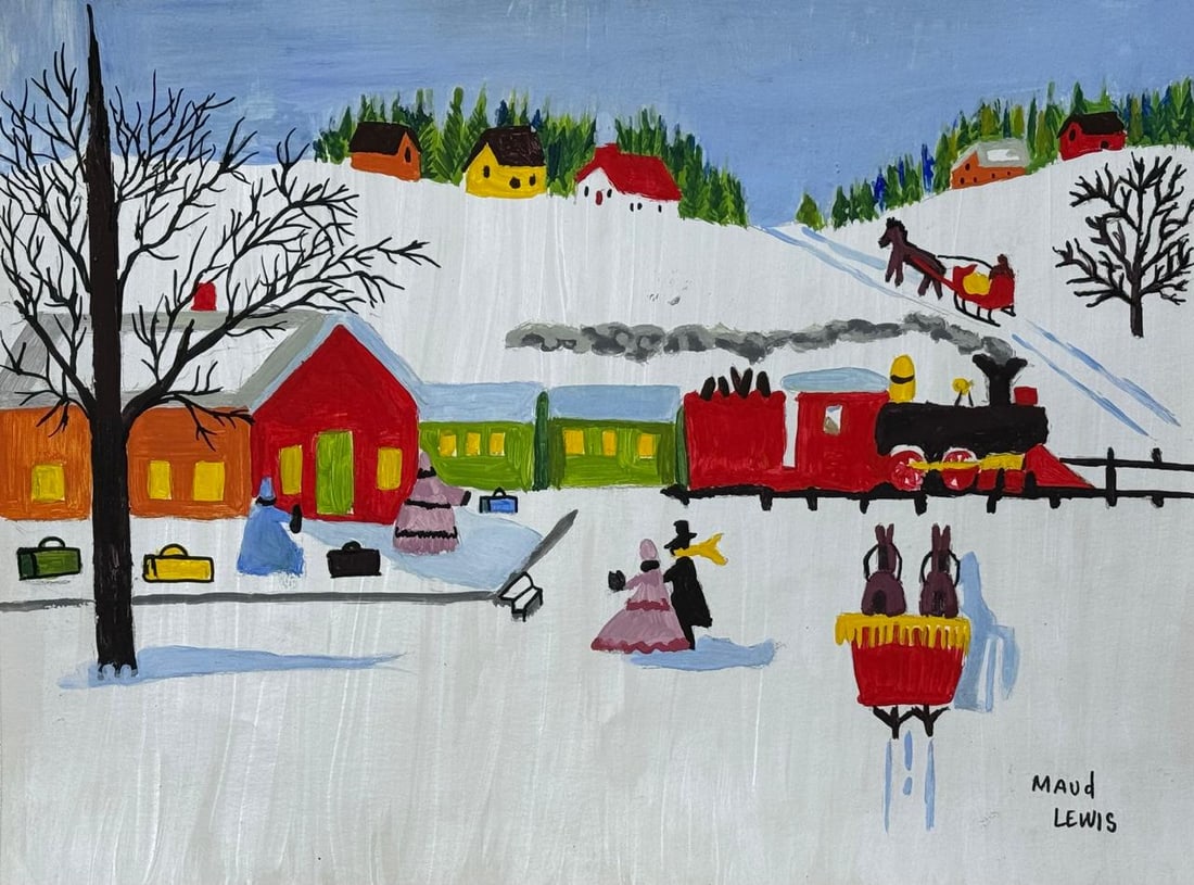 Maud Lewis Canadian (Mixed media on Paper Painting) In the style of: Mixed media painting on paper, rendered in the style of Maud Lewis. Measures: 8.5” x 11.5” Inches aprox. Provenance: Private Collection."In the style of" means after the artist. Lewis live