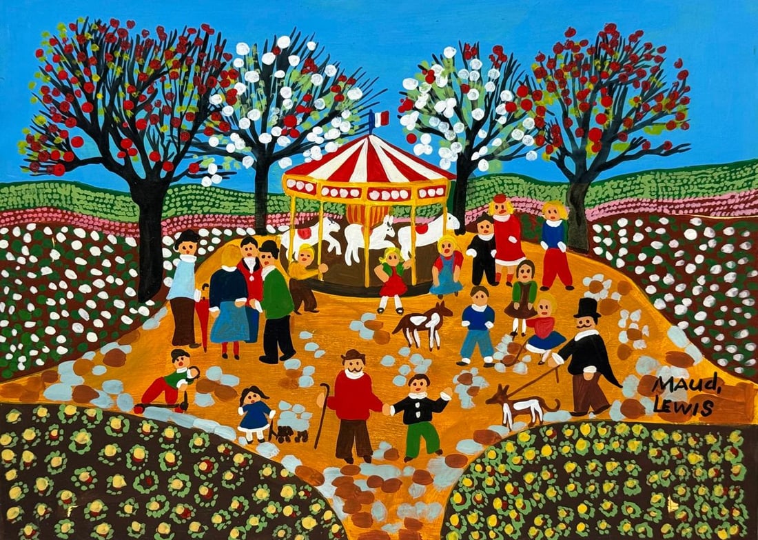 Maud Lewis Canadian (Mixed media on Paper Painting) In the style of: Mixed media painting on paper, rendered in the style of Maud Lewis. Measures: 8.5” x 11.5” Inches aprox. Provenance: Private Collection."In the style of" means after the artist. Lewis live