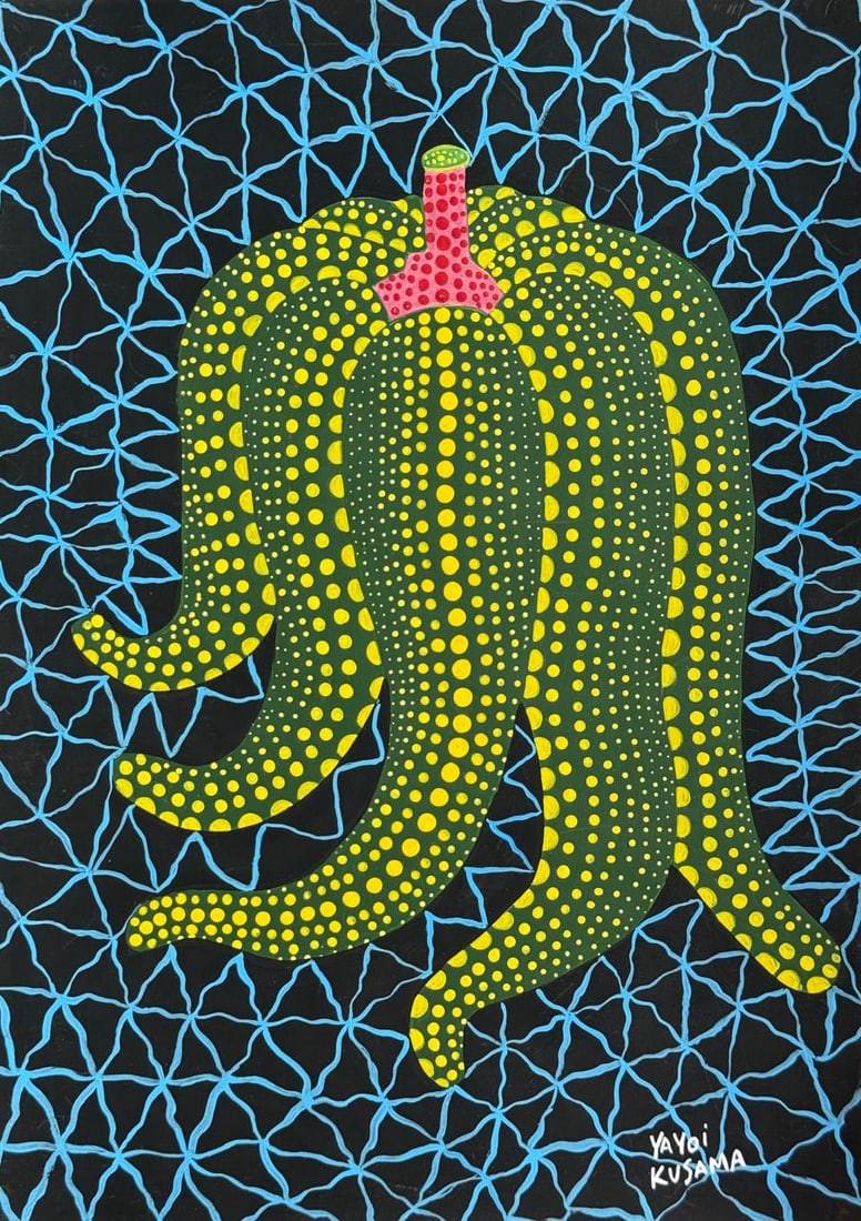 Yayoi Kusama (Mixed media on Paper Painting) In the style of: Mixed media painting on paper, rendered in the style of Yayoi Kusama. Measures: 8.5” x 12” Inches aprox. Provenance: Private Collection."In the style of" means after the artist. Kusama bor
