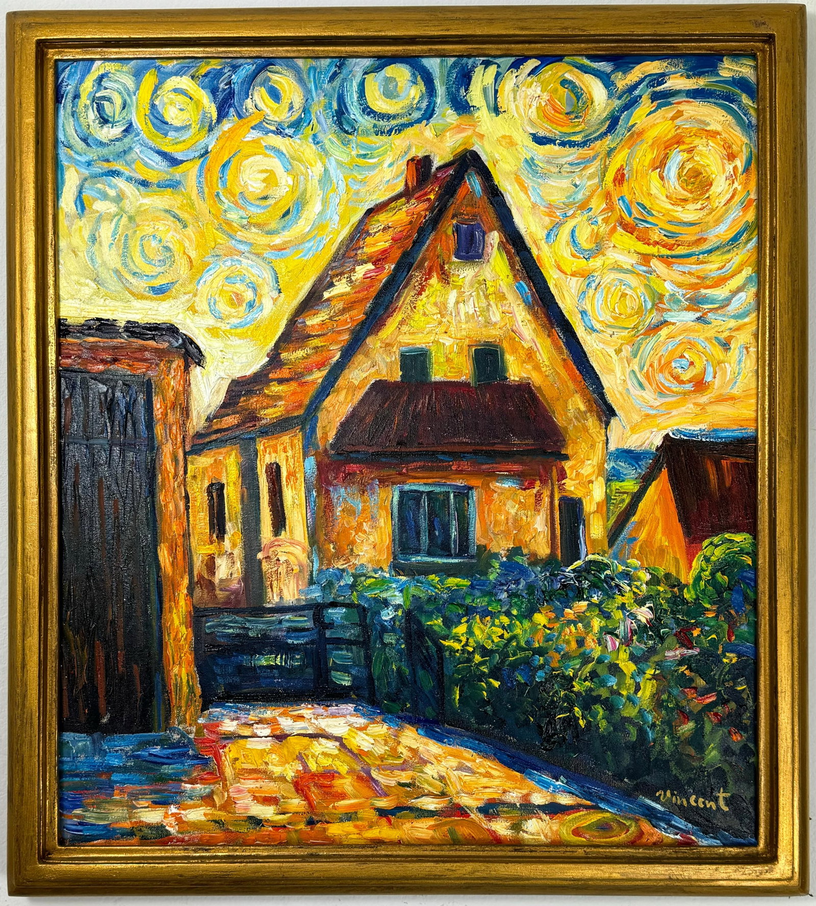 Vincent Van Gogh Dutch (Oil on Canvas Painting) in the style of: Rendered in the style of Vincent Van Gogh. Technique: Oil on Canvas Painting. Measures: 18" x 20" Inches. Provenance:Private Collection. "In the style of" means after the artist. The work is framed. V