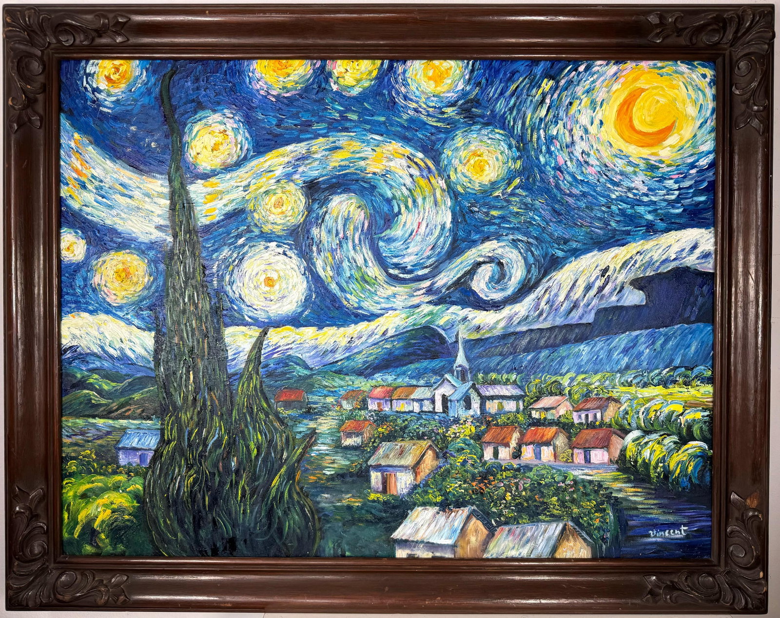 Vincent Van Gogh Dutch (Oil on Canvas Painting) in the style of: Rendered in the style of Vincent Van Gogh. Technique: Oil on Canvas Painting. Measures: 30.5" x 38.5" Inches. Provenance:Private Collection. "In the style of" means after the artist. The work is frame