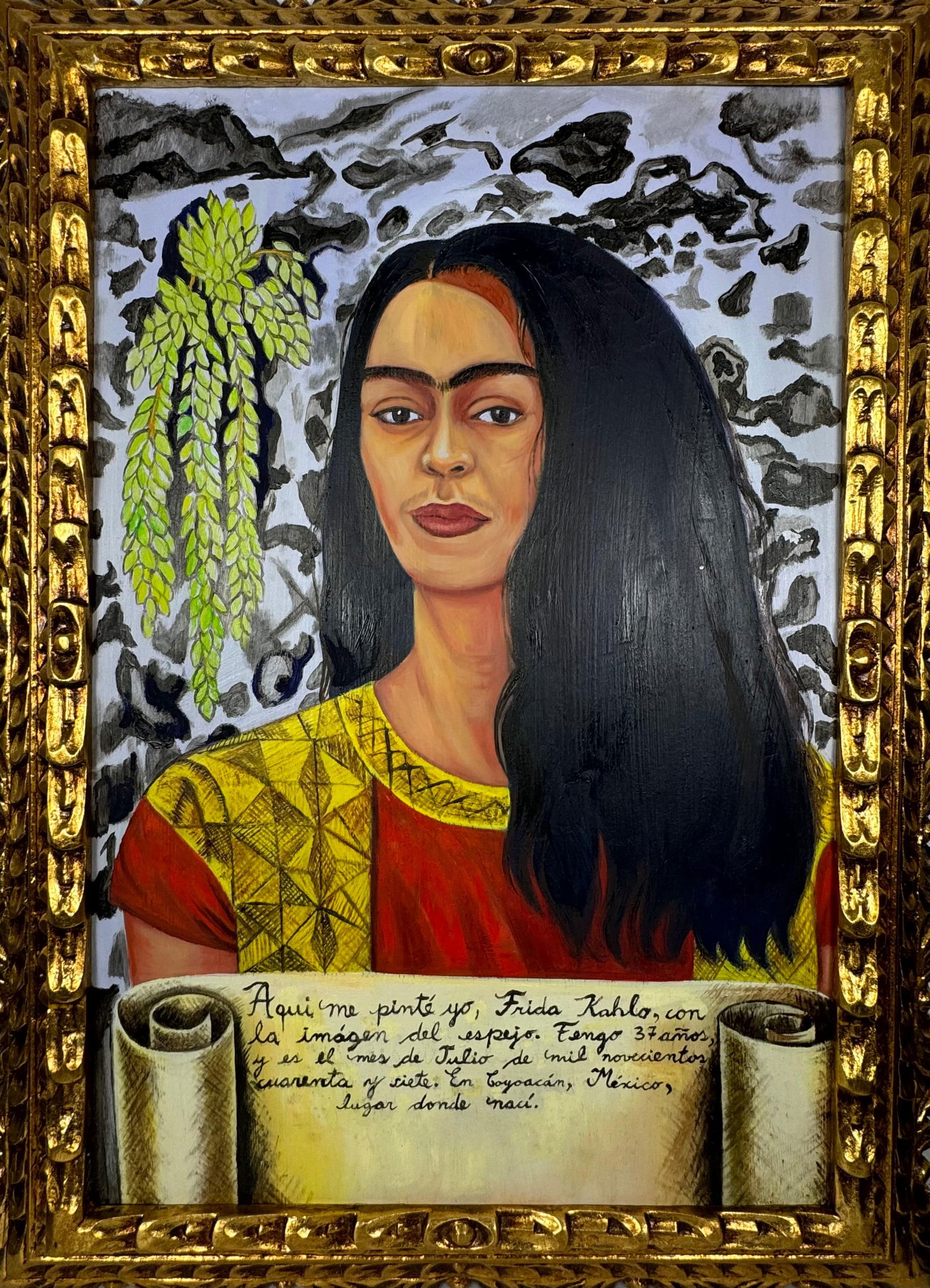 Frida Kahlo Mexican (Oil on Canvas Painting) in the style of: Rendered in the style of Frida Kahlo. Technique: Oil on Canvas painting. Measures: 21 x 29 Inches aprox. Provenance: Private collection. "In the style of" means after the artist. The artwork is framed