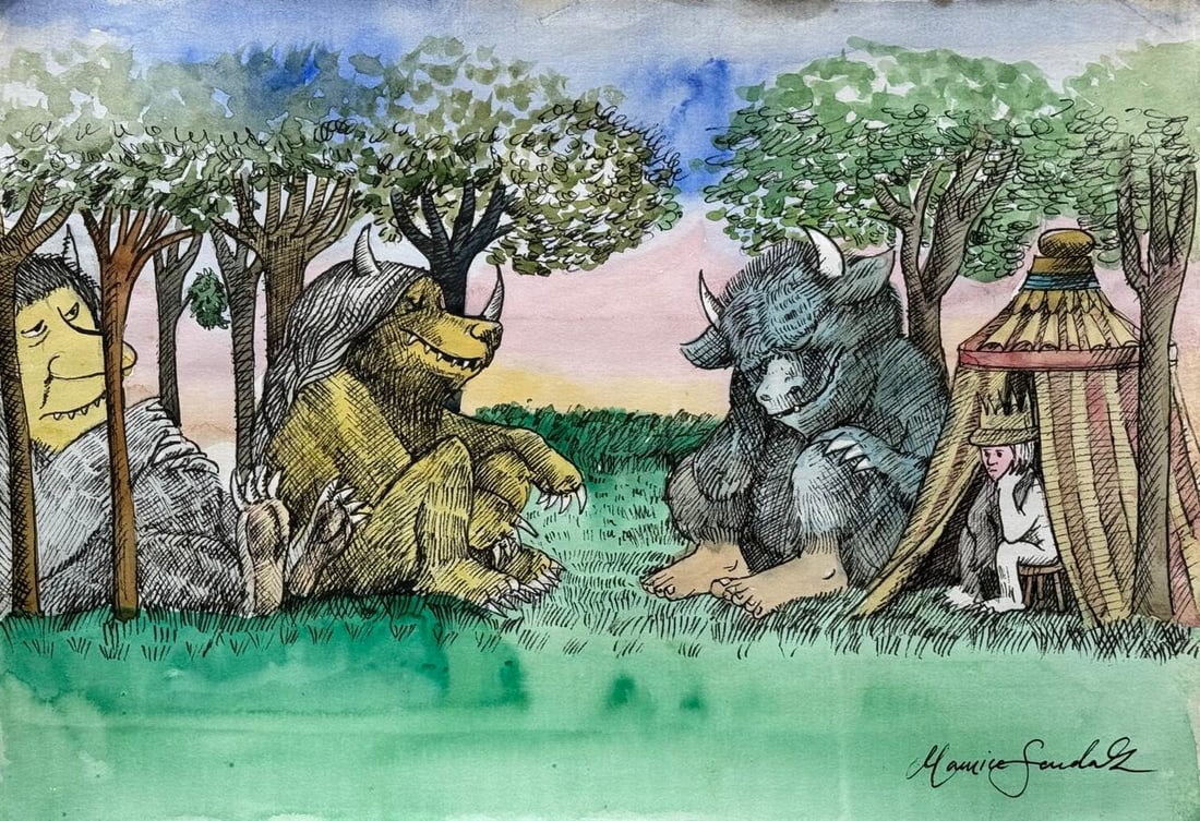 Maurice Sendak (Mixed media on Paper Painting) In the style of: Mixed media painting on paper, rendered in the style of Maurice Sendak. Measures: 9” x 13” Inches aprox. Provenance: Private Collection."In the style of" means after the artist. Sendak liv