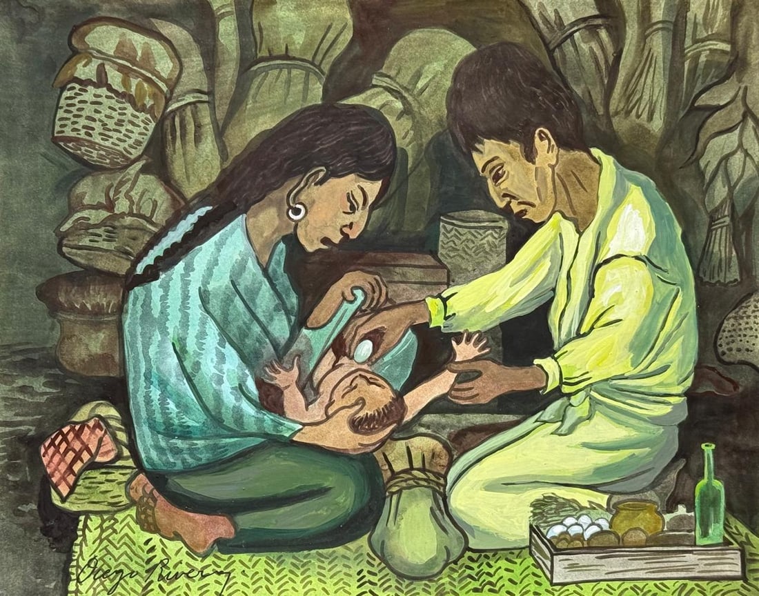 Diego Rivera Mexican (Mixed media on Paper Painting) In the style of (1 of 4)