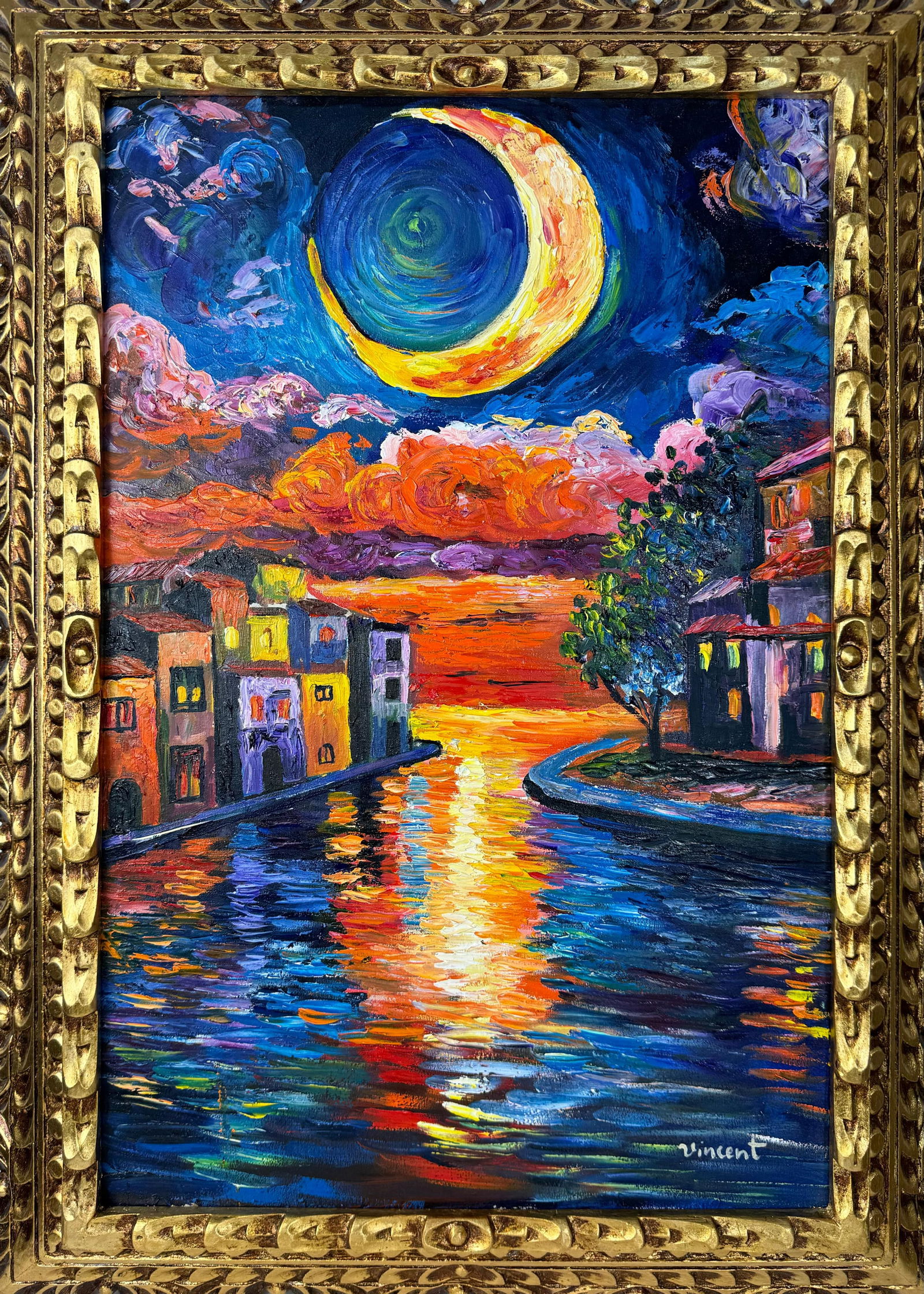 Vincent Van Gogh Dutch (Oil on Canvas Painting) in the style of: Rendered in the style of Vincent Van Gogh. Technique: Oil on Canvas Painting. Measures: 21" x 29" Inches. Provenance:Private Collection. "In the style of" means after the artist. The work is framed. V