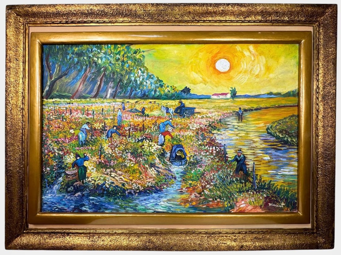 Vincent Van Gogh Dutch (Oil on Masonite Painting) in the style of: Rendered in the style of Vincent Van Gogh. Technique: Oil on Masonite Painting. Measures: 25.5" x 34.5" Inches. Provenance:Private Collection. "In the style of" means after the artist. The work is fra