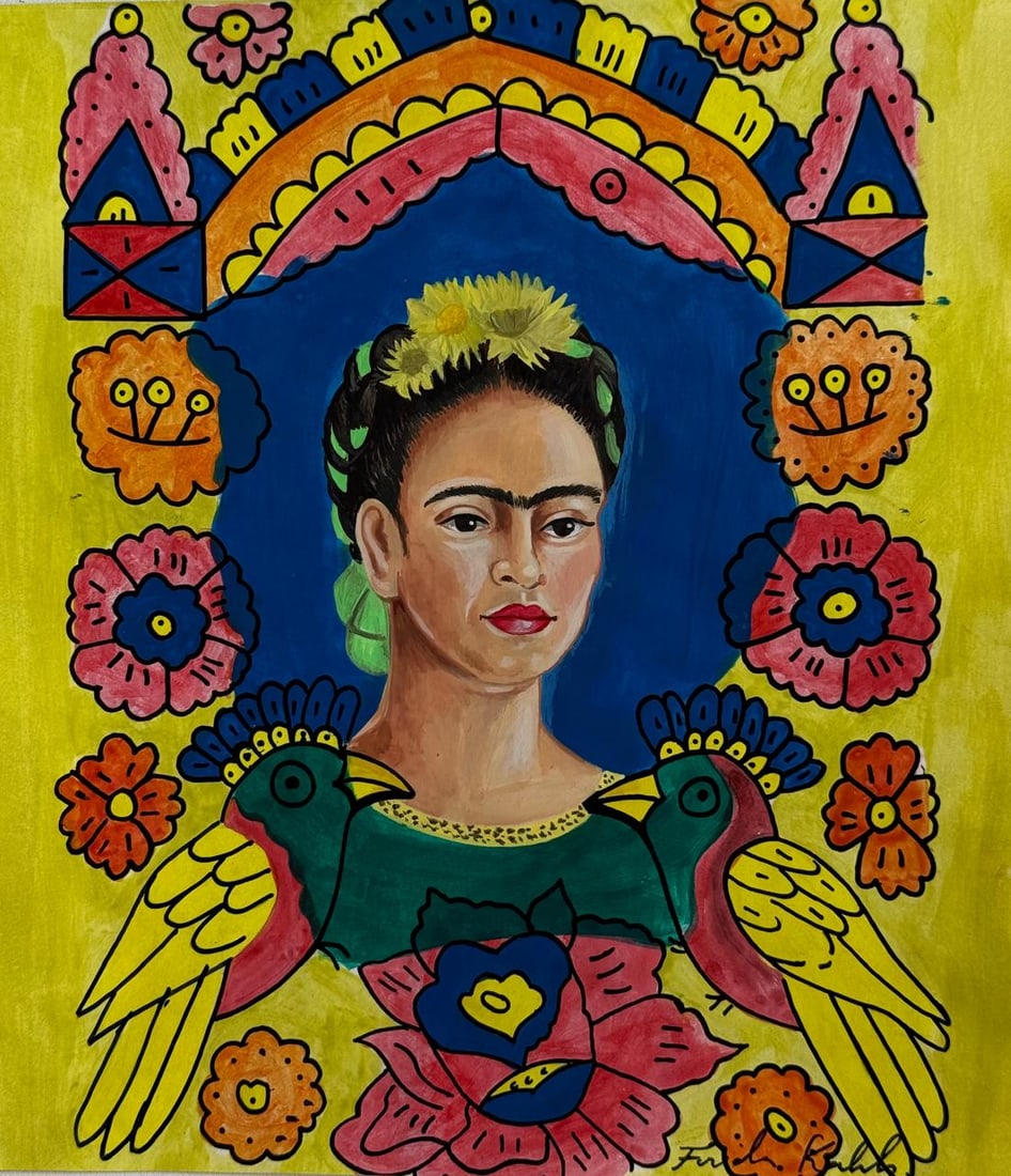 Frida Kahlo Mexican (Mixed media on Paper Painting) In the style of (1 of 4)